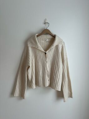 Aerie Cream Ribbed Button-Front Collar Sweater | Size Small